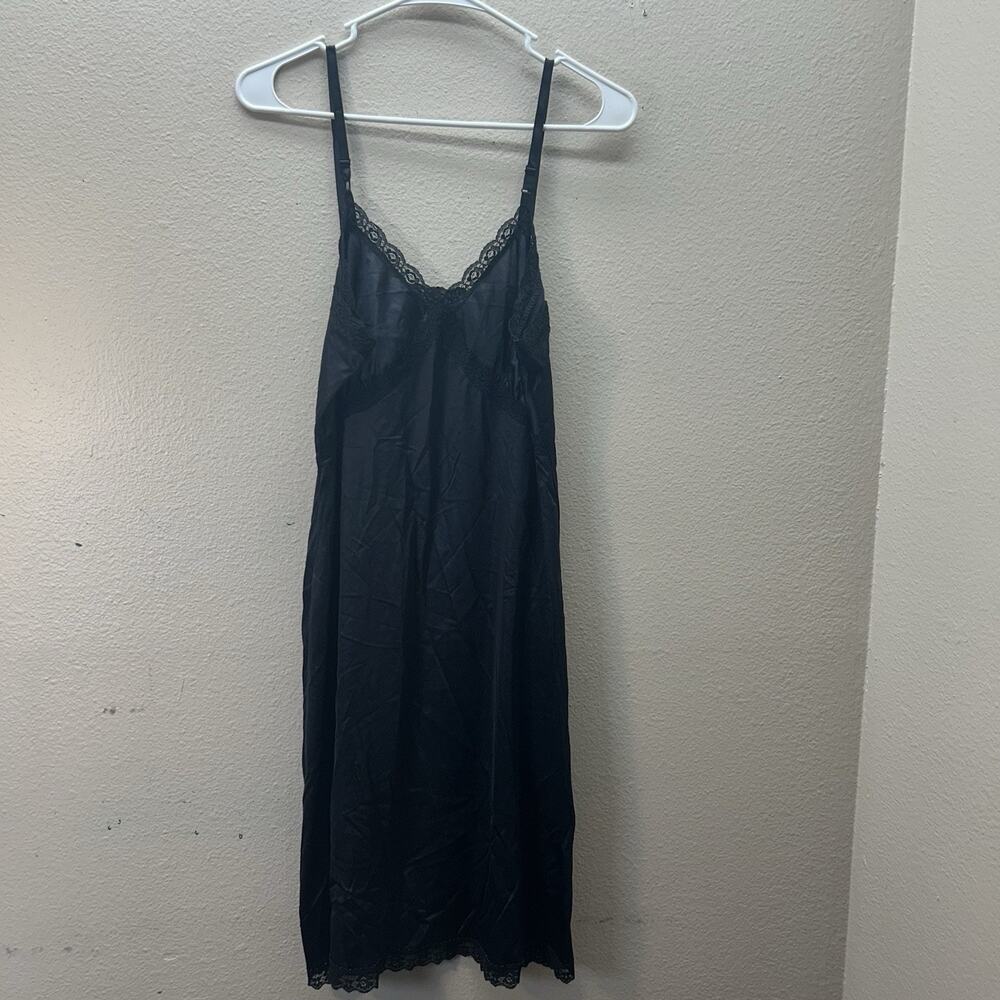 VTG Camelot Full Dress Slip Size 36 Black Nylon‎ Satin Lace Whimsigoth Babydoll